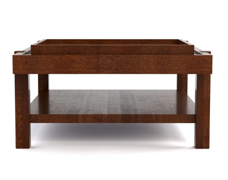 A dark brown wooden coffee table with a rectangular top, open lower shelf, and blocky legs, shown against a plain white background.