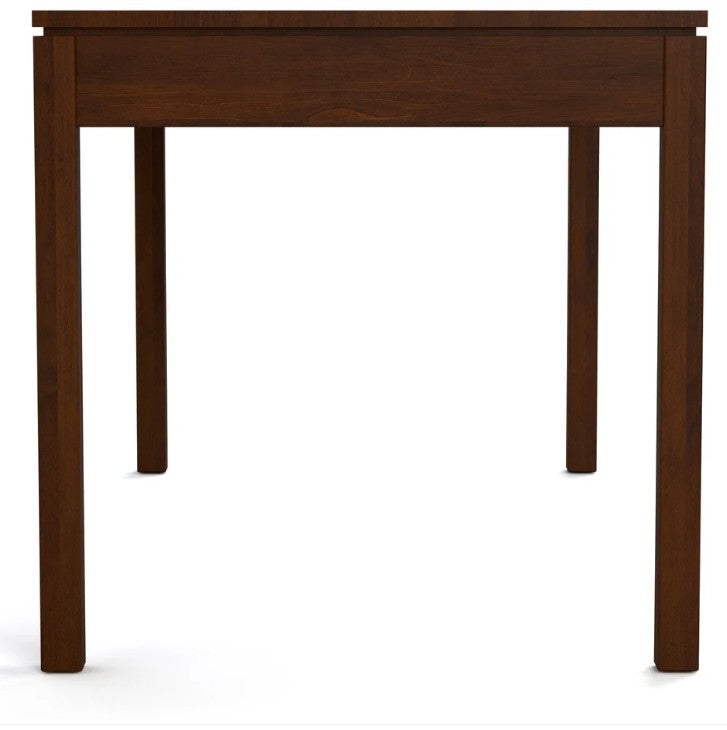 A dark brown wooden table with a rectangular top, straight legs, and a single drawer on the left side, shown against a plain white background.