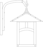Line drawing of a hanging light fixture with a hook on a white background