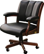 Black office chair with wooden armrests and base on a white background