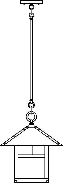 Black and white line drawing of a hanging lantern with a stem hung chain.