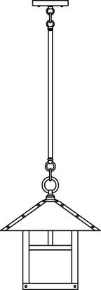 Black and white line drawing of a hanging lantern with a stem hung chain.