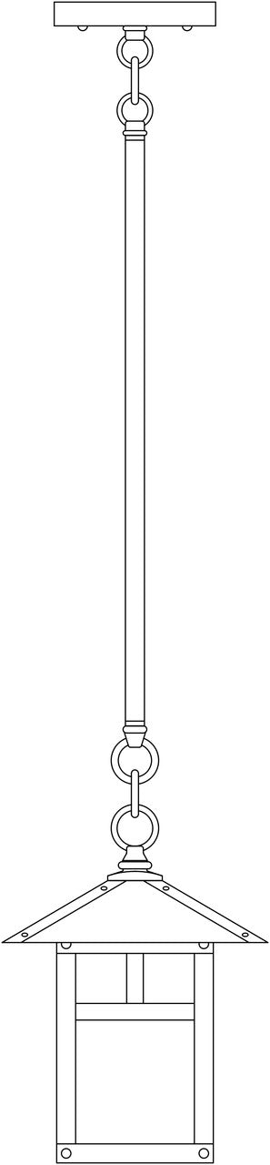 Line drawing of a hanging lantern with a long stem. 