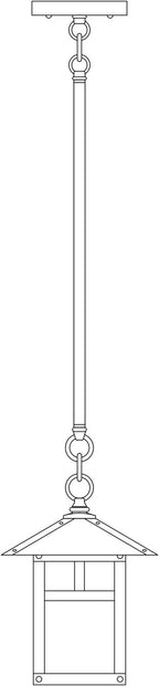 Line drawing of a hanging lantern with a long stem. 