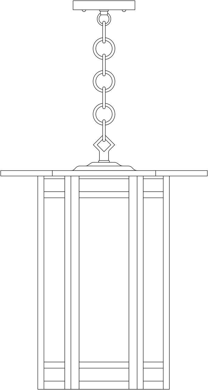 Line drawing of a decorative ceiling light fixture with chain and canopy.