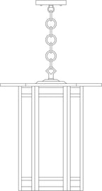 Line drawing of a decorative ceiling light fixture with chain and canopy.