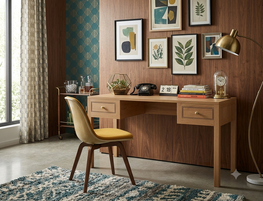 A mid-century modern wooden writing desk with three drawers and brass knobs, styled in a warm room with a yellow upholstered chair, framed botanical prints on a wood-paneled wall, and a brass floor lamp.