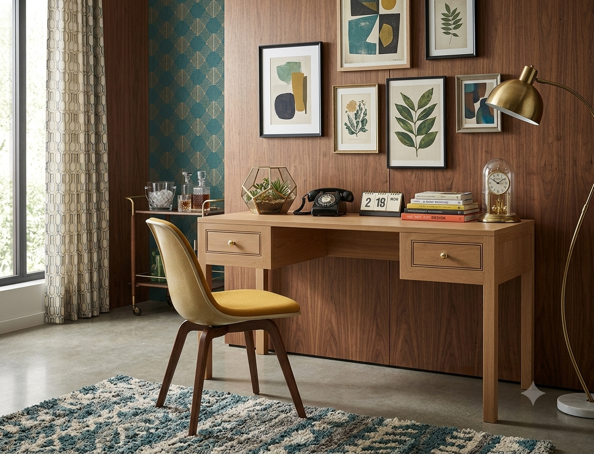 A mid-century modern wooden writing desk with three drawers and brass knobs, styled in a warm room with a yellow upholstered chair, framed botanical prints on a wood-paneled wall, and a brass floor lamp.