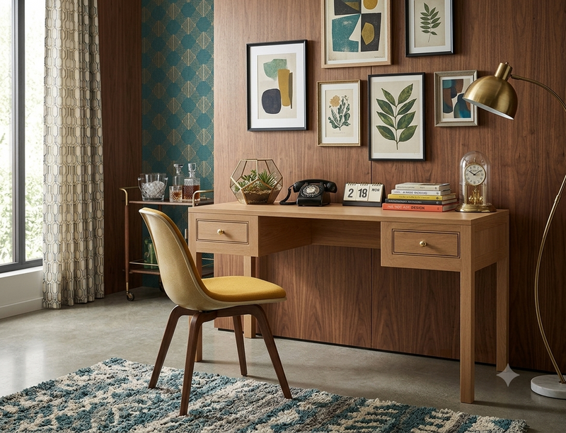 A mid-century modern wooden writing desk with three drawers and brass knobs, styled in a warm room with a yellow upholstered chair, framed botanical prints on a wood-paneled wall, and a brass floor lamp.