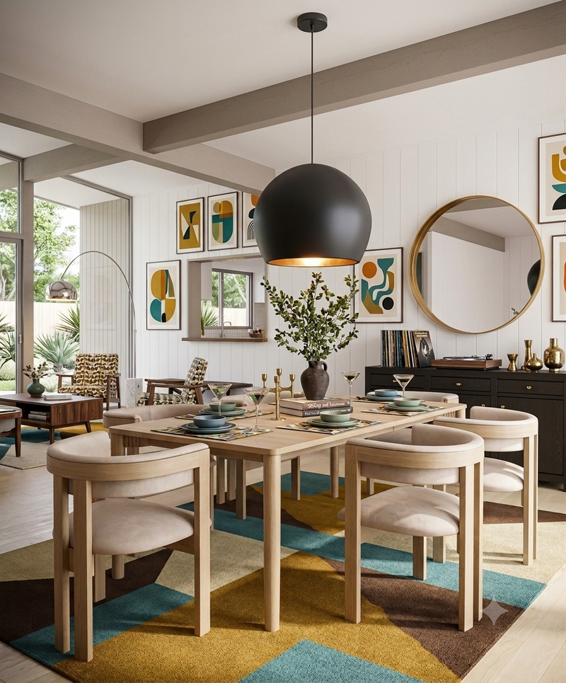 A modern dining room scene with a light wood dining table and six upholstered chairs arranged around a large geometric area rug in mustard yellow, teal, brown, and cream. A black spherical pendant light hangs above the table, and the room is styled with framed abstract wall art, a round mirror, and a dark sideboard in the background.