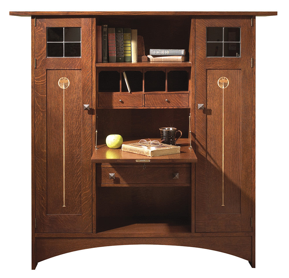 Harvey Ellis Fall Front Bookcase with books, a cup, and an apple on a white background.