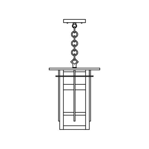 Line drawing of a hanging light fixture with chain and canopy on a white background