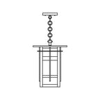 Line drawing of a hanging light fixture with chain and canopy on a white background