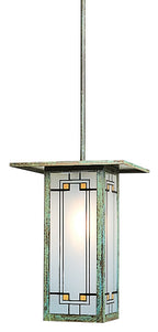 Decorative pendant light with a glass shade on a white background