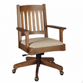 A wooden swivel office chair with a slatted backrest, armrests, a beige upholstered seat, and a five-star wheeled base on a white background.