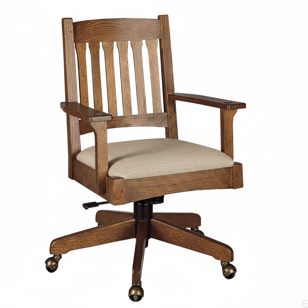A wooden swivel office chair with a slatted backrest, armrests, a beige upholstered seat, and a five-star wheeled base on a white background.
