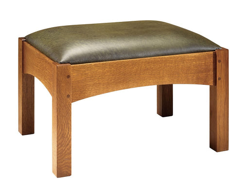 Wooden stool with a green cushion on a white background