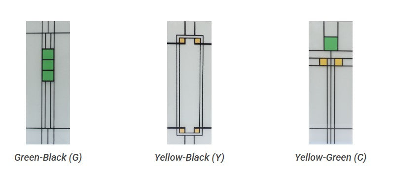 Three narrow vertical glass options labeled Green-Black (G), Yellow-Black (Y), and Yellow-Green (C) on a white background, each with a gray body and small colored blocks.