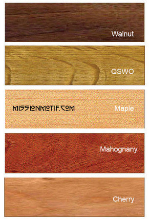 Wooden color swatches labeled Walnut, QSWO, Maple, Mahogany, and Cherry.
