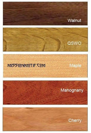 Wood color swatches labeled Walnut, QSWO, Maple, Mahogany, and Cherry.