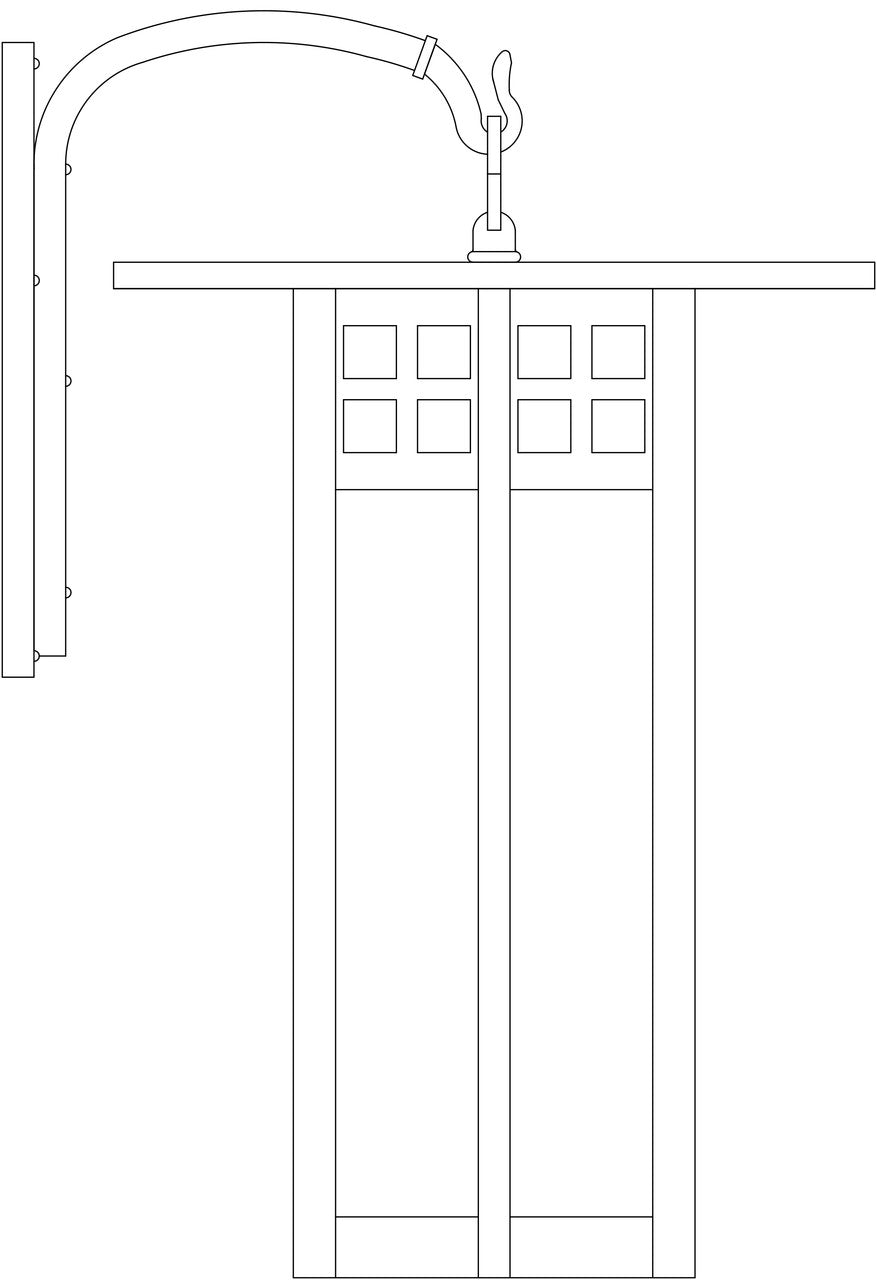 Line drawing of a metal frame custom hook arm light fixture. 