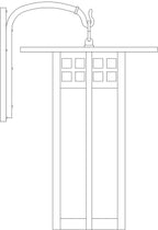 Line drawing of a metal frame custom hook arm light fixture. 