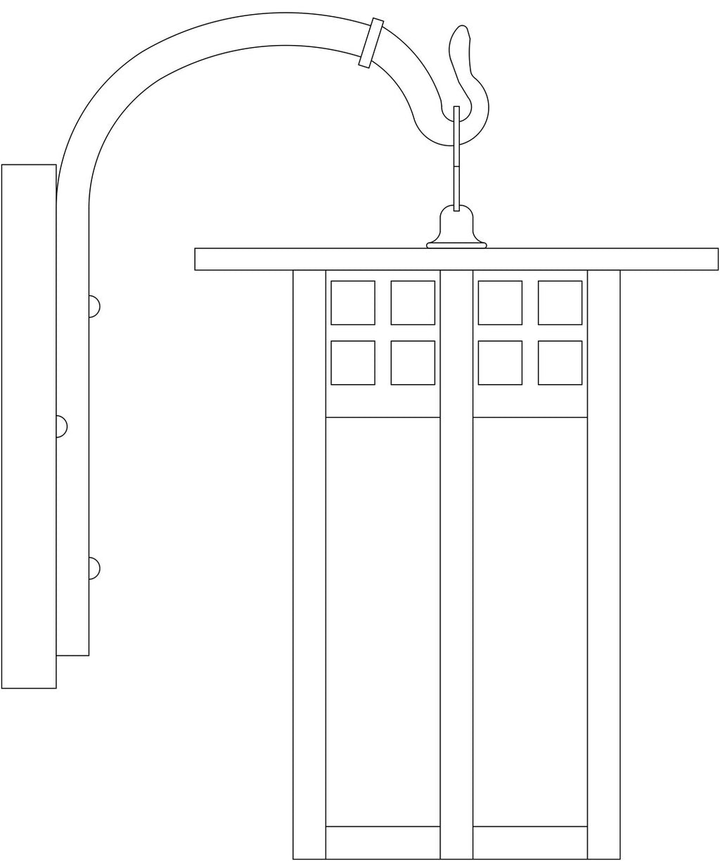 Line drawing of a hook arm light fixture.
