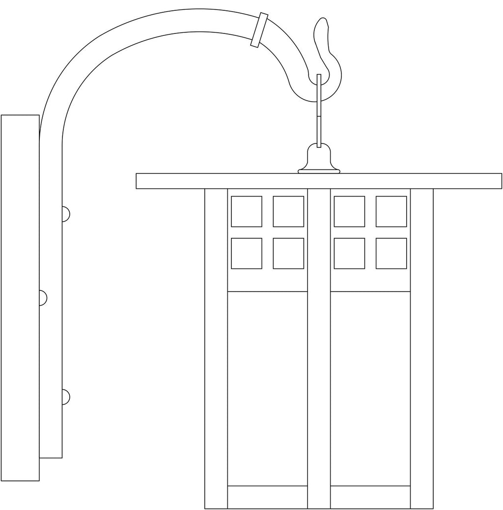 Line drawing of a hook arm light fixture, resembles a Japanese torii gate.