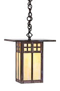 Decorative hanging light fixture with stained glass design on a white background