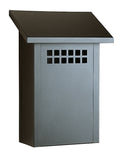 Gray mailbox with a black roof on a white background