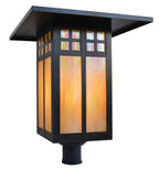 Decorative outdoor light fixture with stained glass design on a white background