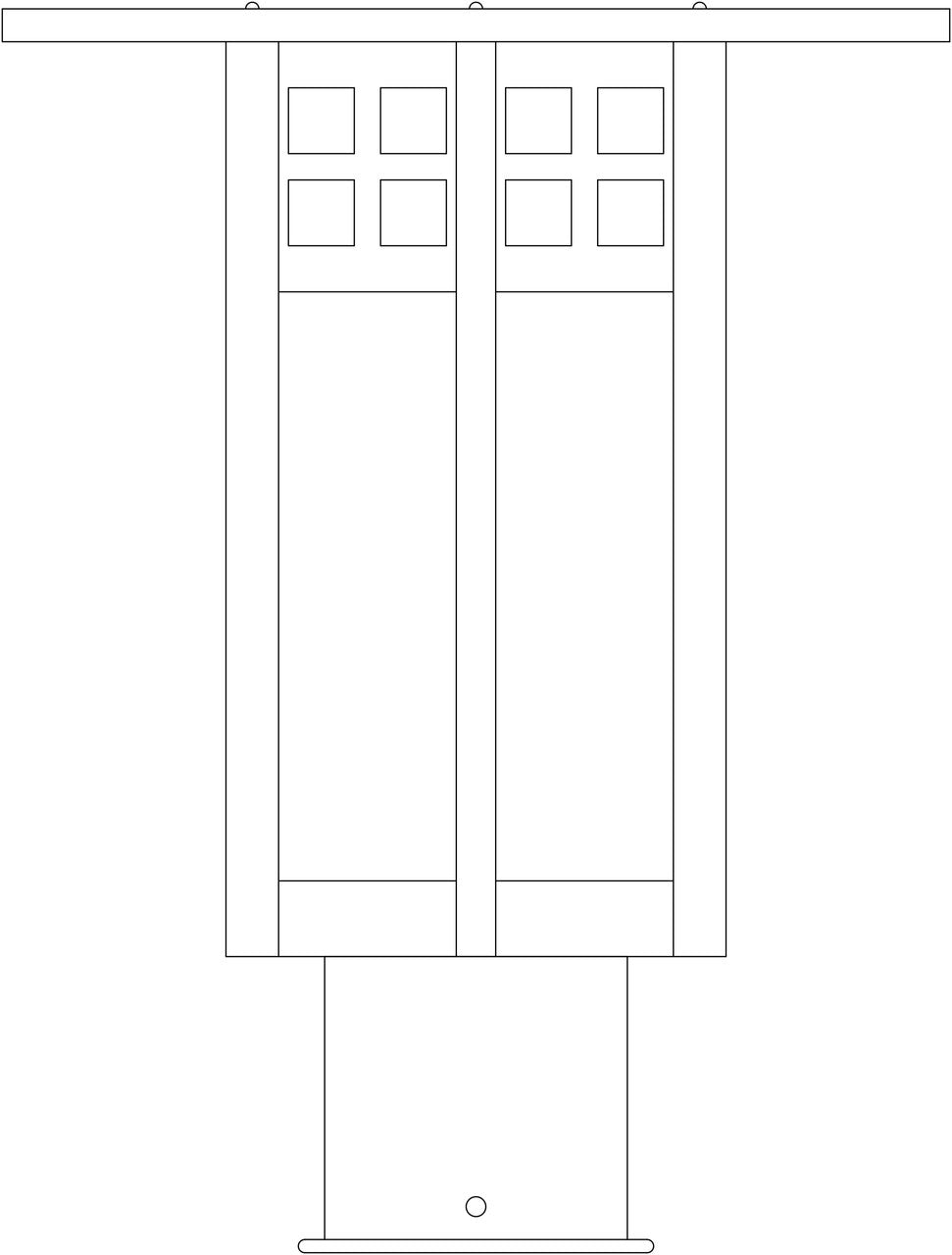 Line drawing of a double door with glass panels on a white background