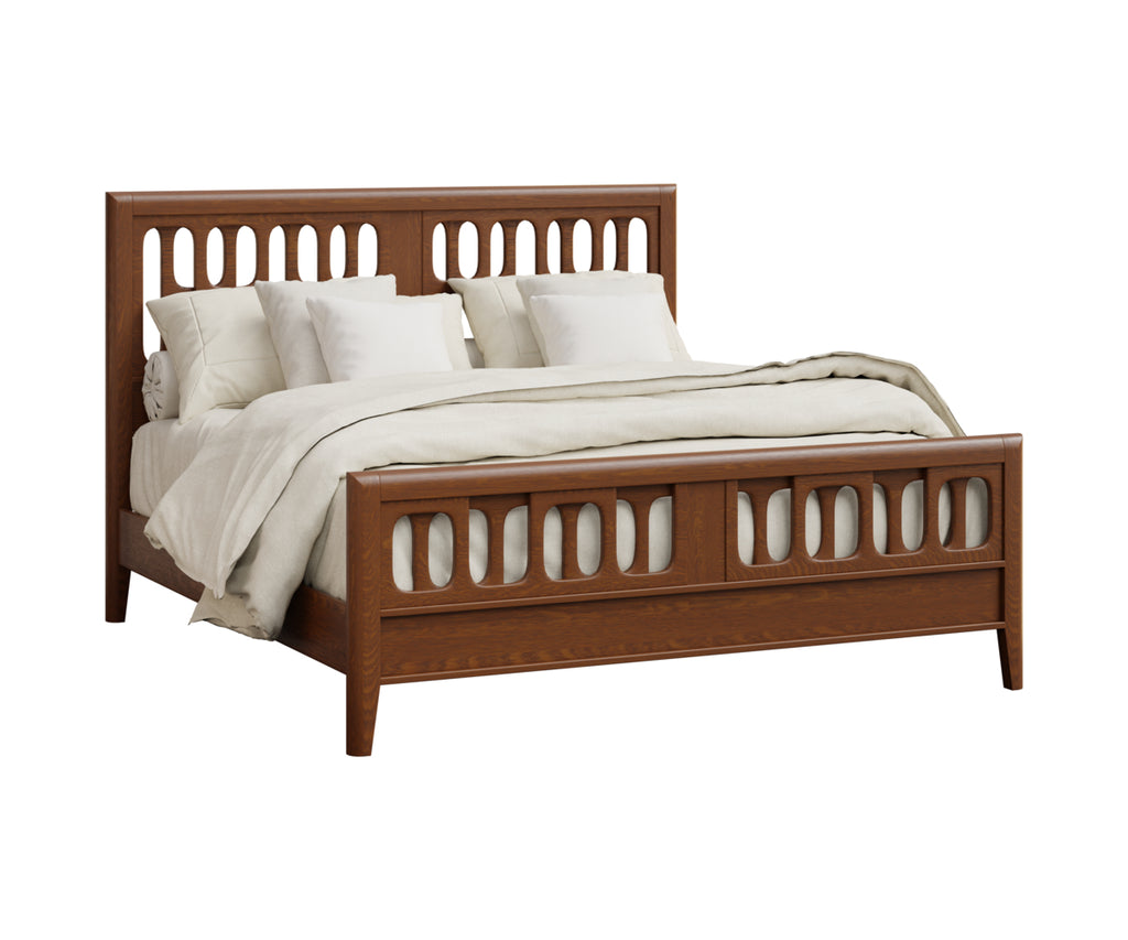 Wooden bed with white bedding on a white background