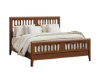Wooden bed with white bedding on a white background