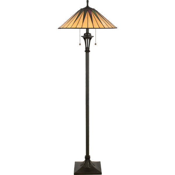 Tiffany-style floor lamp with stained glass shade on a white background