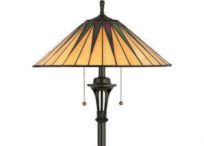Tiffany-style floor lamp with a stained glass shade on a white background