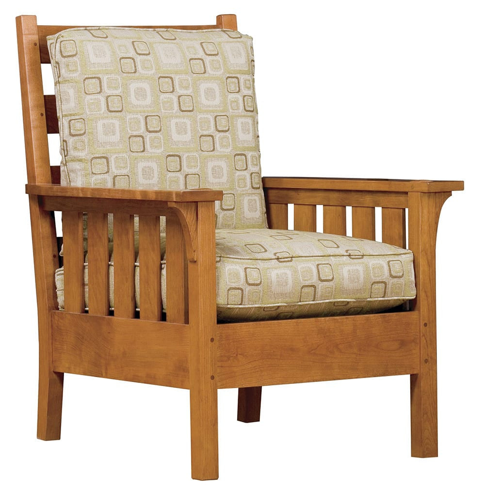Wooden armchair with patterned cushions on a white background
