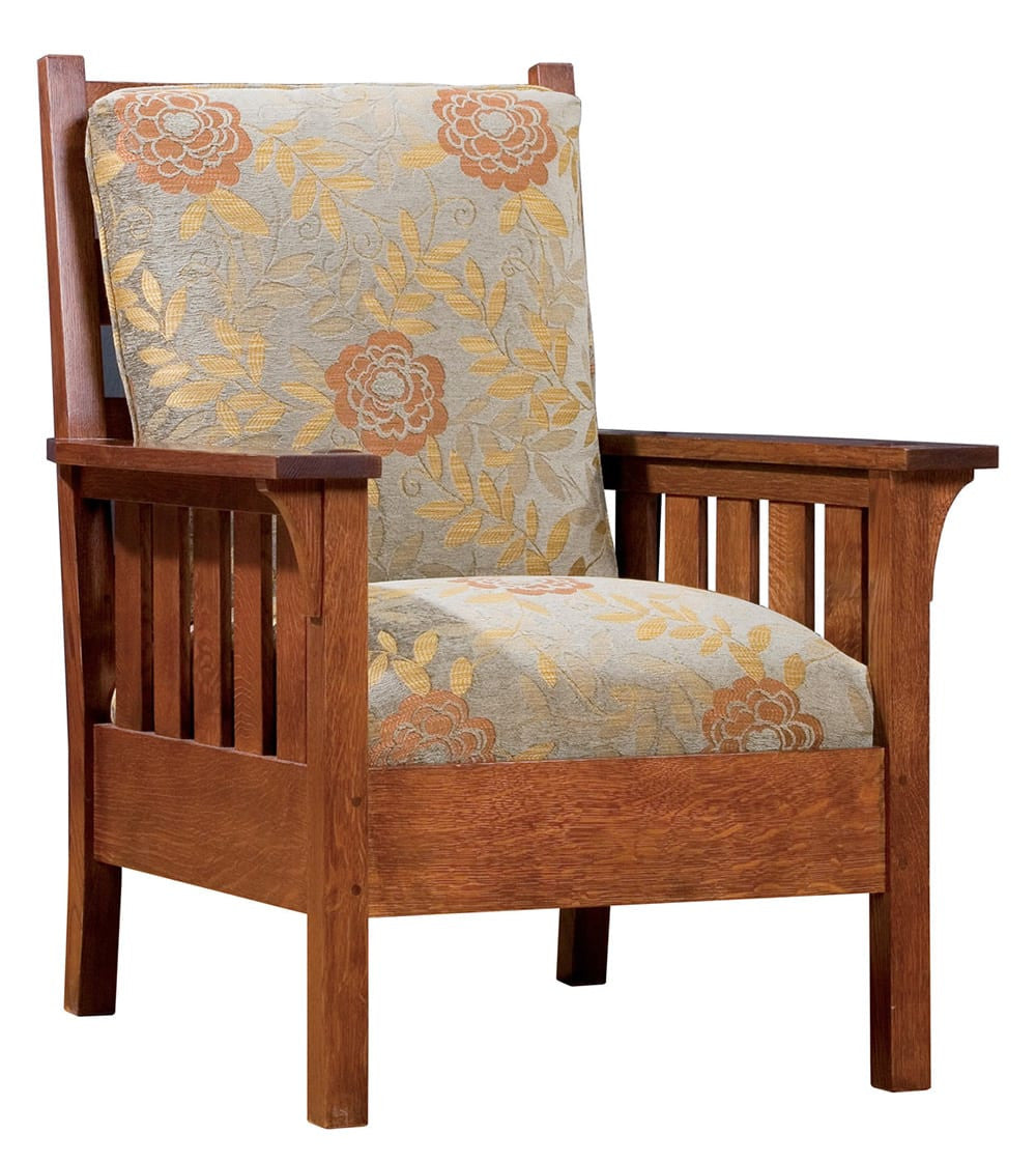 Wooden armchair with floral-patterned cushions on a white background