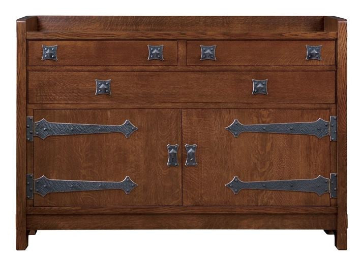 Wooden dresser with metal accents on a white background
