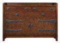 Wooden dresser with metal accents on a white background
