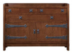 Wooden dresser with metal accents on a white background