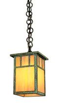Pendant light with a green frame and amber glass on a white background
