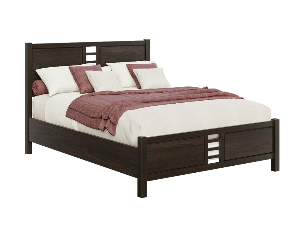 A dark brown wooden platform bed frame with decorative rectangular cutouts on the headboard and footboard, styled with white bedding and a dusty rose throw blanket, shown on a solid white background.