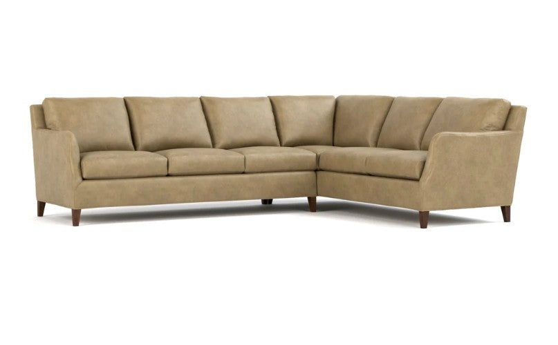 A beige sectional sofa with a right-facing L-shape, upholstered in a textured fabric, featuring dark brown wooden legs, shown against a plain white background.