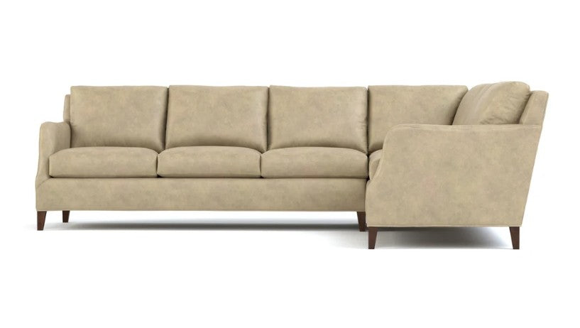 A three-seater sofa with a right-facing chaise lounge, upholstered in a textured light beige fabric, shown against a plain white background.