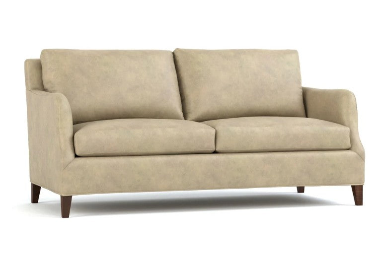 A two-seater loveseat sofa upholstered in a textured beige fabric, featuring dark brown wooden legs, shown against a plain white background.