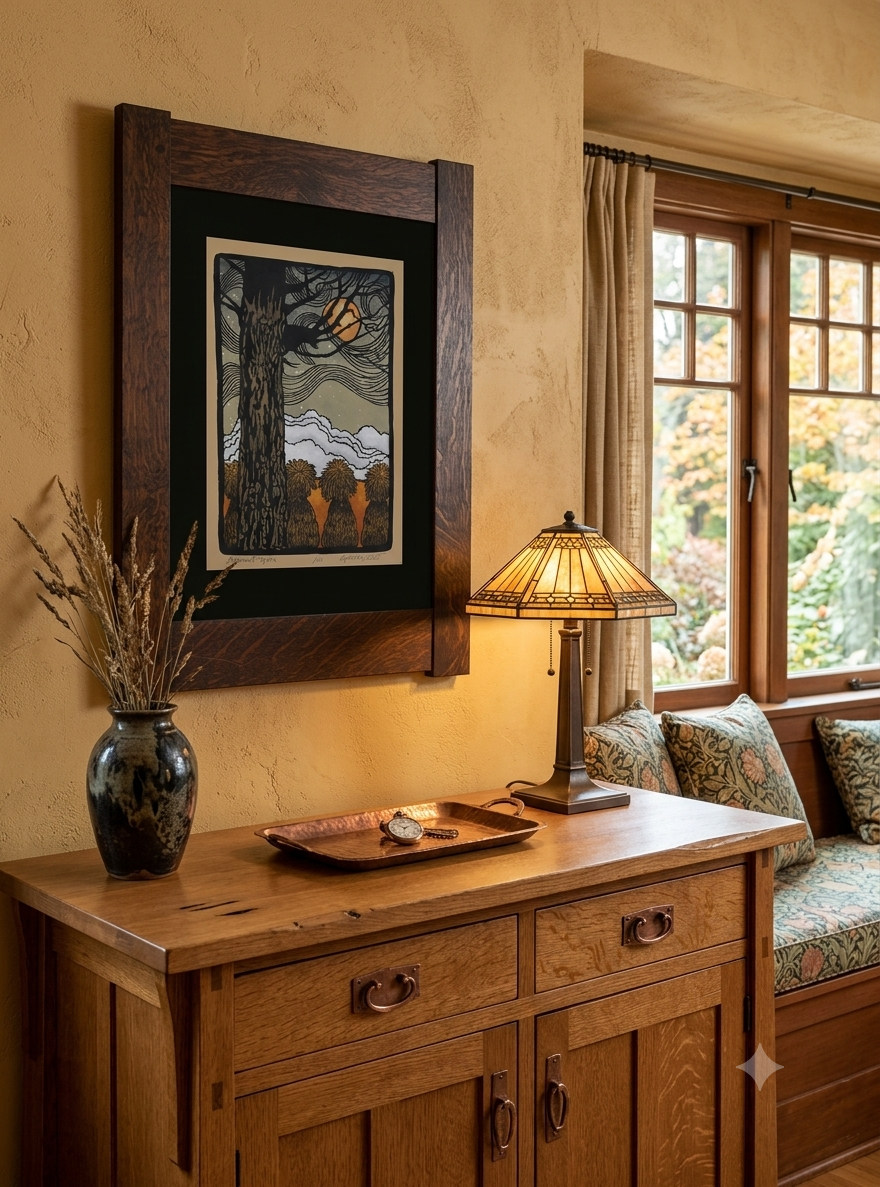A framed art print featuring a stylized tree and moon scene in earthy tones, displayed on a beige wall above a wooden console table in a warmly lit room.