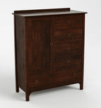 A dark brown wooden chest of drawers with a cabinet door on the left and four drawers on the right, each with a small round brass pull handle, shown on a light gray background.