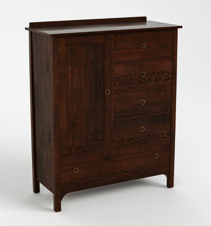 A dark brown wooden chest of drawers with a cabinet door on the left and four drawers on the right, each with a small round brass pull handle, shown on a light gray background.