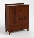 A dark brown wooden chest of drawers with a cabinet door on the left and four drawers on the right, each with a small round metal pull, photographed on a light gray studio background.